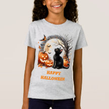 T-Shirt col ras-du-cou gris chat noir Halloween po