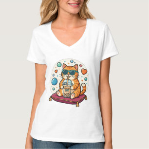 T-shirt col V fille anime Kawaii Cool Cat Boba Tea