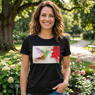 T-shirt Colibri à l'aquarelle se nourrissant de fleur roug