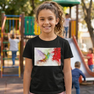 T-shirt Colibri à l'aquarelle se nourrissant de fleur roug