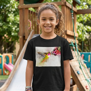 T-shirt Colibri buvant sur une fleur rose Aquarelle