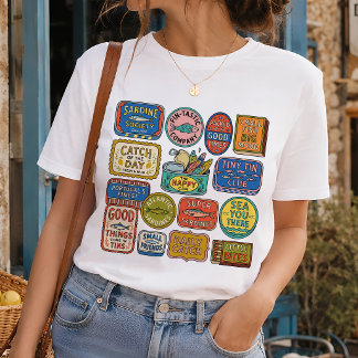 T-shirt Collage de boîte de sardines vintage, esprit pêche