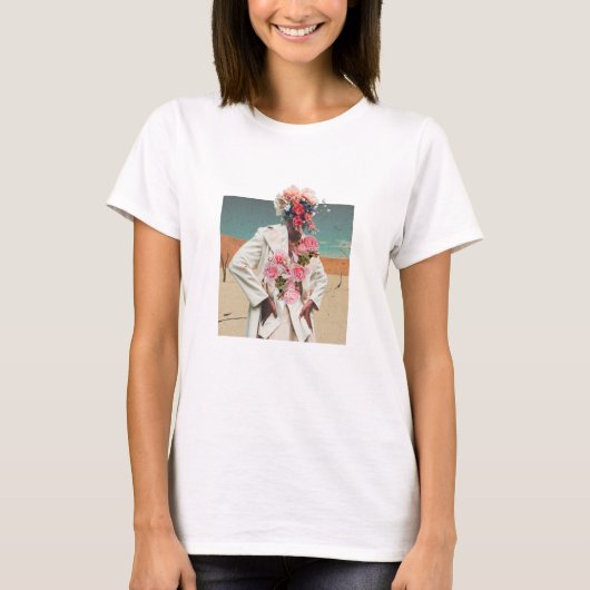 T-shirt Collage médiatique mixte de femmes de fleurs (Devant)
