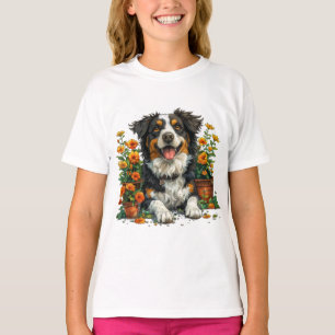 T-shirt Collie Bordure Mignonne En Fleurs