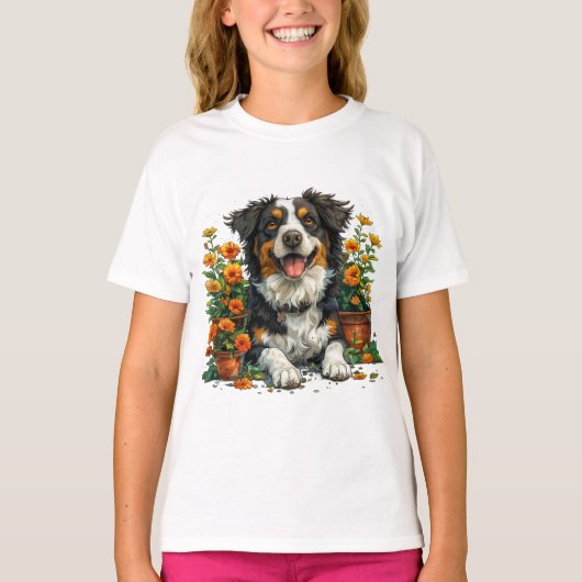T-shirt Collie Bordure Mignonne En Fleurs (Devant)