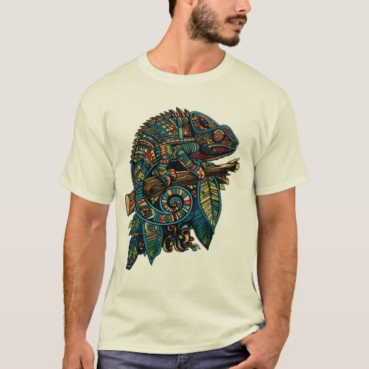 T-shirt Coloré Aztec Mosaic Chameleon sur Branche Feuilles (Devant)