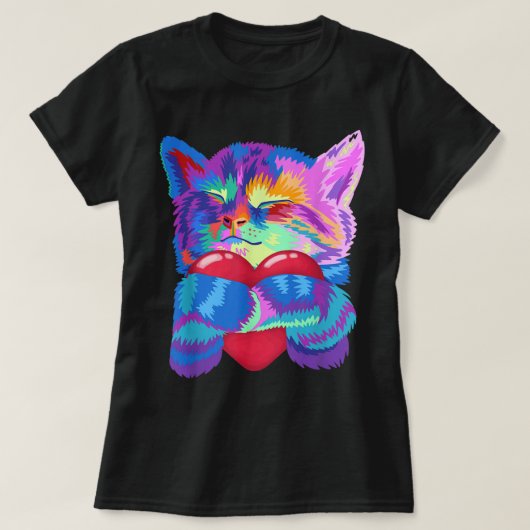 T-shirt Colorful Cat Hugging Heart Art (Design devant)