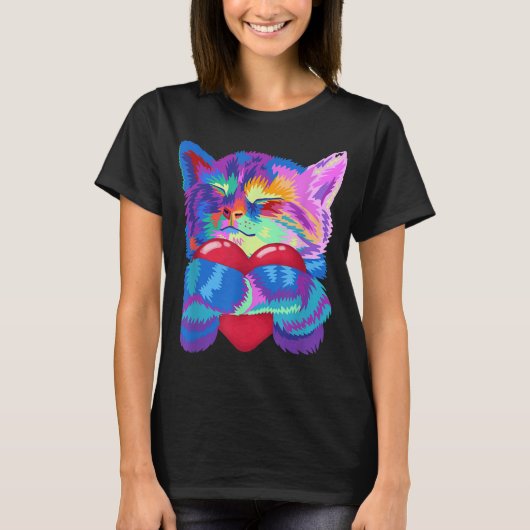 T-shirt Colorful Cat Hugging Heart Art (Devant)