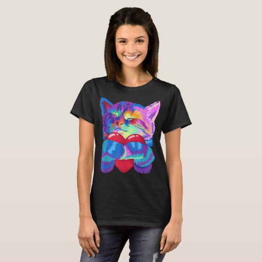 T-shirt Colorful Cat Hugging Heart Art (Devant entier)
