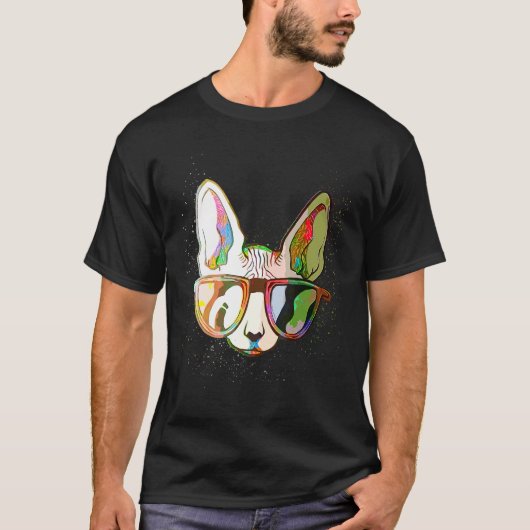 T-shirt Colorful Paint Splash  Sunglasses Sphynx Cat (Devant)