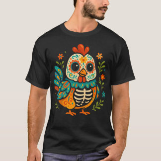 T-shirt Colorful Sugar Skull Chicken Da De Los Muertos Fun