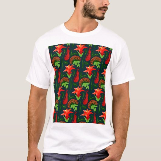 T-shirt Colourful Exotic Flowers Leaves Pattern-23187 (Devant)