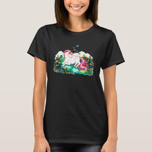 T-shirt Colourful unicorn lying on a flower filled area (Devant)