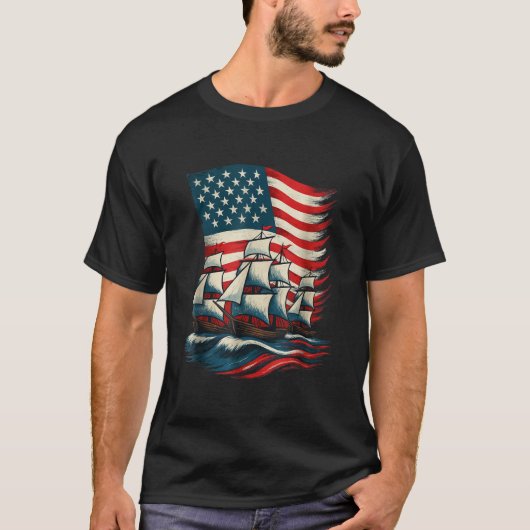 T-shirt Columbus Day Sailing Ship American Flag Patriotic (Devant)