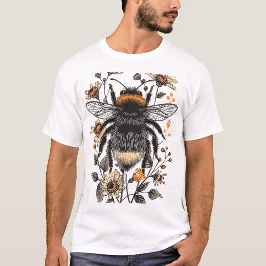 T-shirt Conception d'abeille bourdon en linogravure botani (Devant)