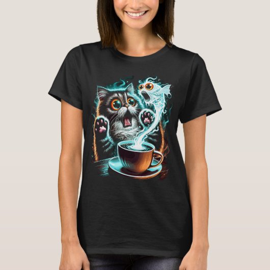 T-shirt Conception de chat effrayé hilarant et de poisson (Devant)