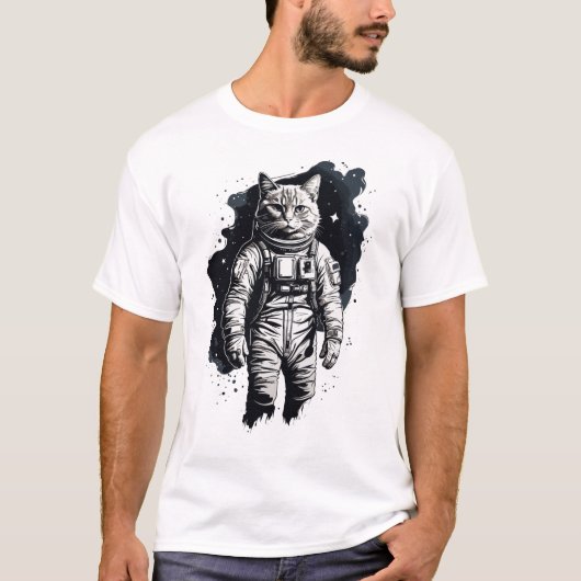 T-shirt Conception de chat par astronaute d'encre noire (Devant)
