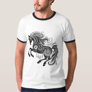 T-shirt Conception de cheval mandala bohème, art de ligne