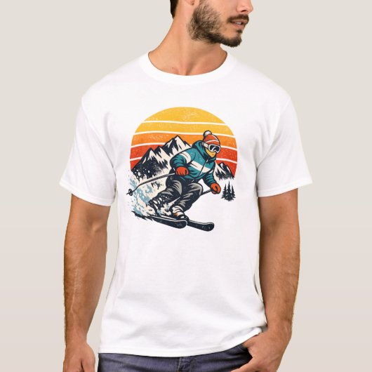 T-shirt Conception de coucher de soleil de ski rétro vinta (Devant)