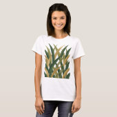 T-shirt Conception de déclaration de feuilles dorées verte (Devant entier)