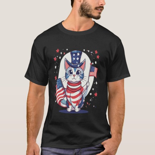 T-shirt conception de drapeau américain avec chat, célébre (Devant)