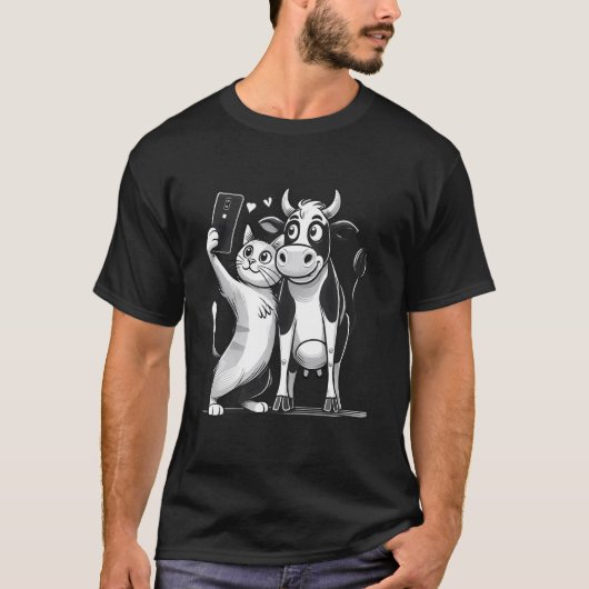 T-shirt Conception de selfie de chat et de vache drôle et (Devant)