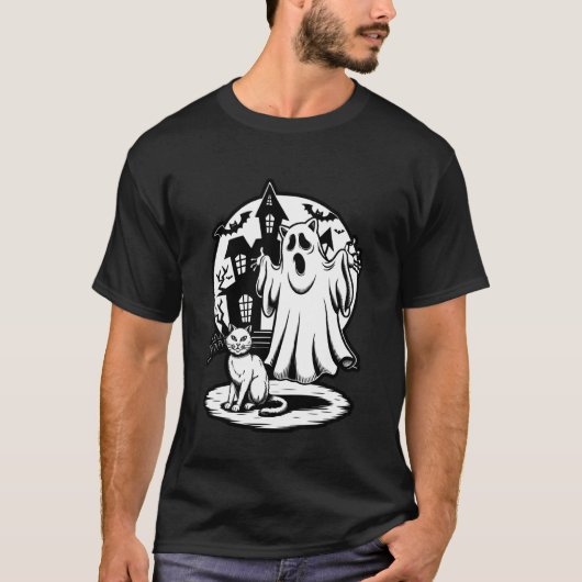 T-shirt Conception de style de poche de fantôme et chat mi (Devant)