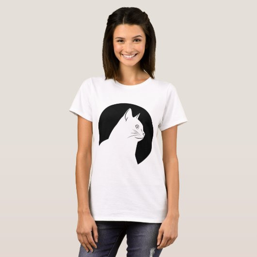 T-shirt Conception unique noire ronde de chat blanc (Devant entier)