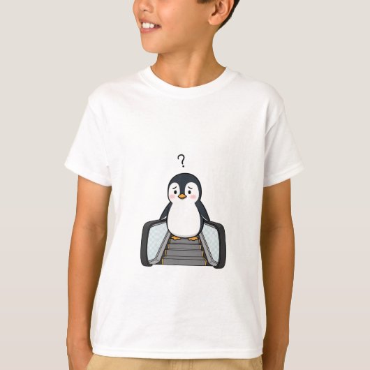 T-shirt Confused Cute Penguin Standing on Escalator (Devant)