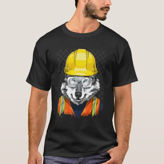 T-shirt Construction Worker Gray Wolf Laborer Wild Animal (Devant)