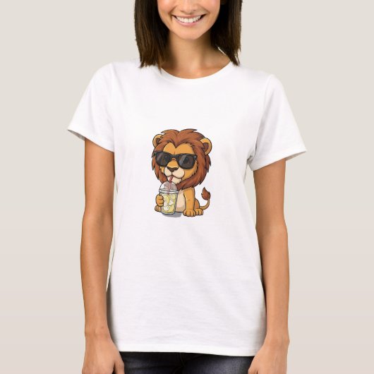 T-shirt Cool Cartoon Lion Drinking Iced Lemonade (Devant)