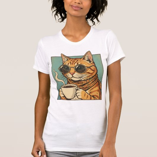 T-shirt Cool Cat Coffee Retro Style Design for Cat Lovers (Devant)