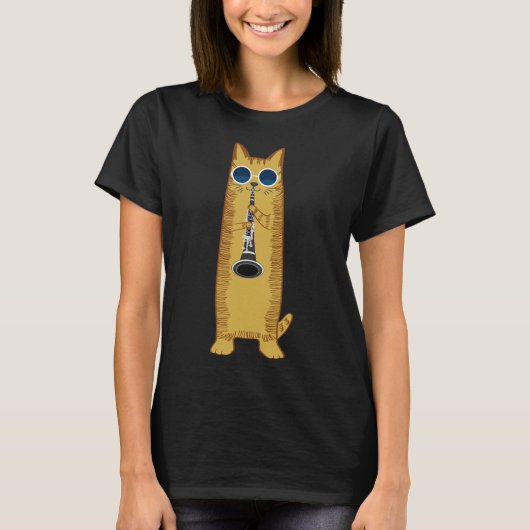 T-shirt Cool Cat Playing The Clarinet Design Hippy Hipster (Devant)