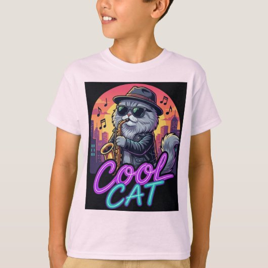 T-shirt Cool Cat Saxophone – Retro Neon 90s Jazz Cat Desig (Devant)