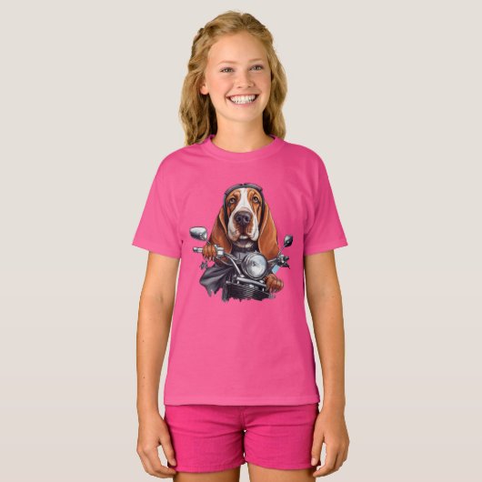T-shirt Cool chien biker, joli basset hound chien conducte (Devant entier)