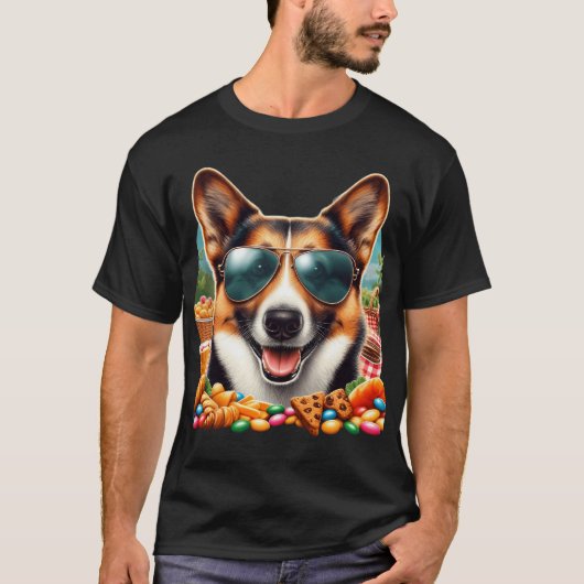 T-shirt Cool Corgi Dog with Aviator Sunglasses and Snacks (Devant)