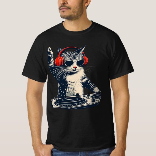 T-shirt Cool DJ Cat , Funny Cat With Headphones , Stylish (Devant)