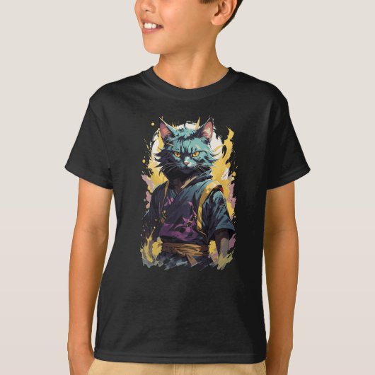 T-shirt Cool Feu Splash Gris Ninja Chat Guerrier (Devant)
