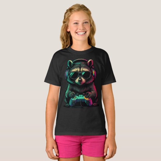 T-shirt Cool Gamer Raccoon — Headphones and Controller (Devant entier)