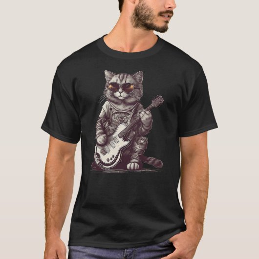 T-shirt Cool Guitar Playing Cat with Glasses - Band Rock G (Devant)
