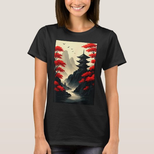 T-shirt Cool Japanese Pagoda Castle Mountain Landscape Gra (Devant)