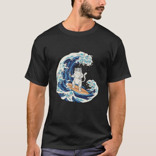 T-shirt Cool Japanese Wave Cat Surfing (Devant)