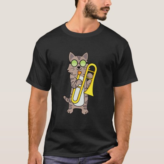 T-shirt Cool Kitty Cat Playing The Trombone And Wearing Su (Devant)