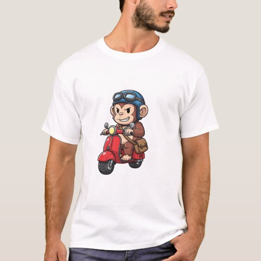 T-shirt Cool Monkey Courier Riding Red Retro Scooter (Devant)