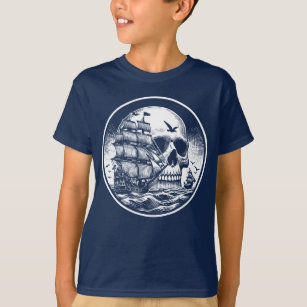 T-shirt Cool Pirate crâne et navire en blanc