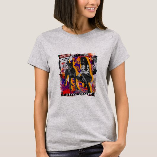 T-shirt Cool Punk Danger Be Fire Woman and Dog Collage (Devant)