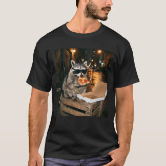 T-shirt Cool Raccoon Eating Pizza Night City Illustration