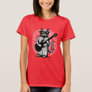 T-shirt Cool Rock Et Rouleau Chat Jouer Guitare Électrique