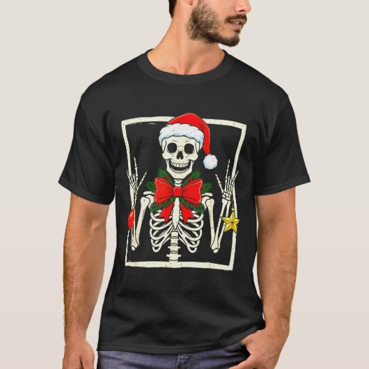 T-shirt Cool Rocker Skeleton Santa Hat Christmas Punk Rock (Devant)