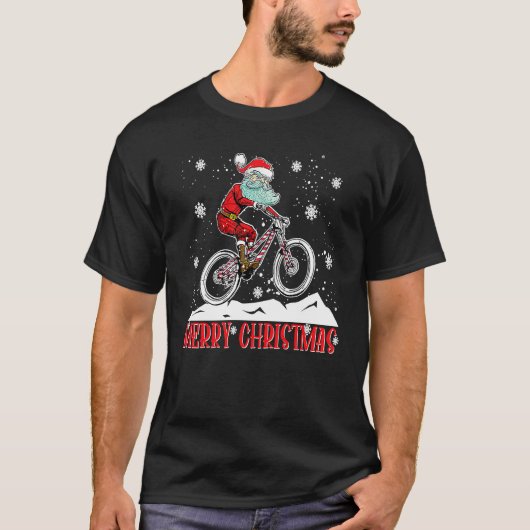 T-shirt Cool Santa Riding Bicycle Merry Christmas Mountain (Devant)